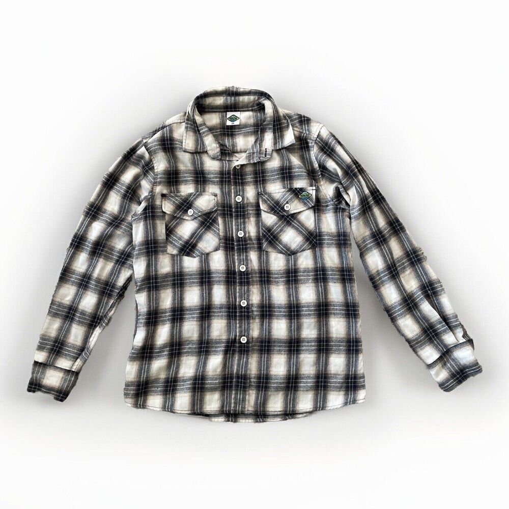 Central Coast Surfboards‎ Mens Flannel SMALL Plaid Blue, White, Tan Long Sleeve